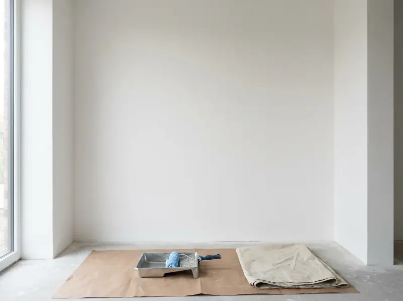 Afgewerkte gladde witte muur met strakke hoeken, klaar voor de schilder, roller en bak op de vloer