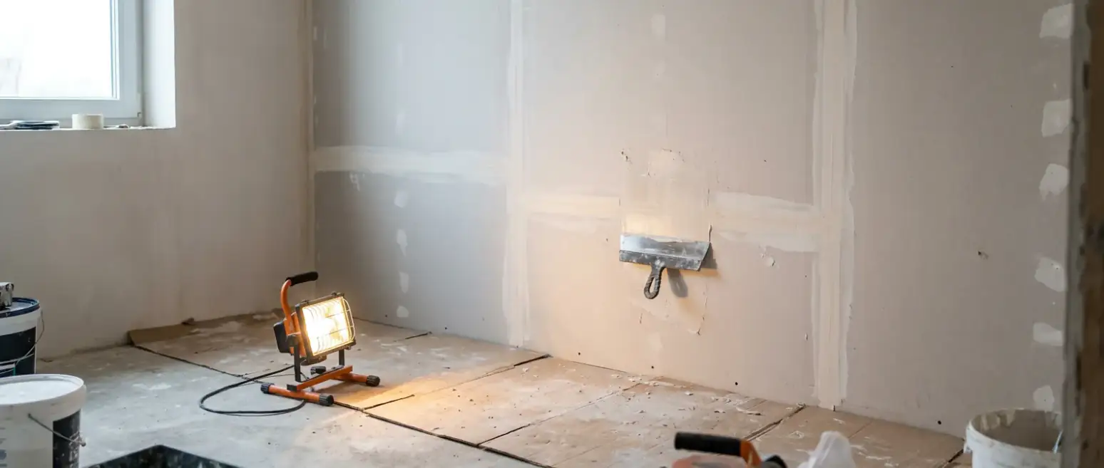 Gyprocwand die met een brede plamuurmes wordt afgewerkt, de naden zijn al met band gevuld