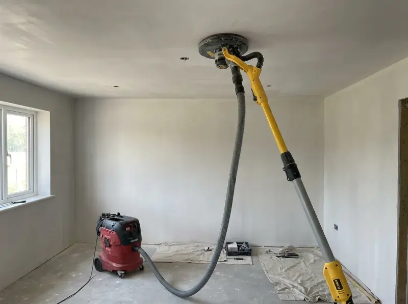 Steelschuurmachine aangesloten op een stofzuiger die een plafond schuurt zonder stofwolk