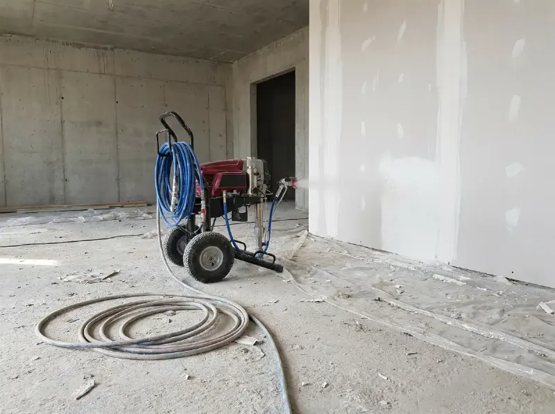 Airless spuitmachine die vulmiddel op een grote binnenwand aanbrengt, slang over de vloer